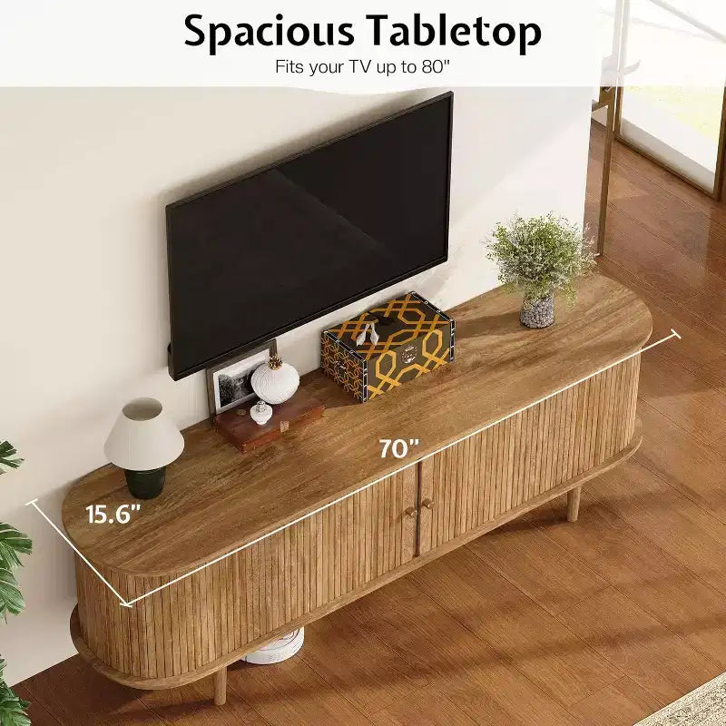 Mobile TV AMERLIFE da 70 con gambe in legno massello, consolle TV moderna di metà secolo con anta a listelli