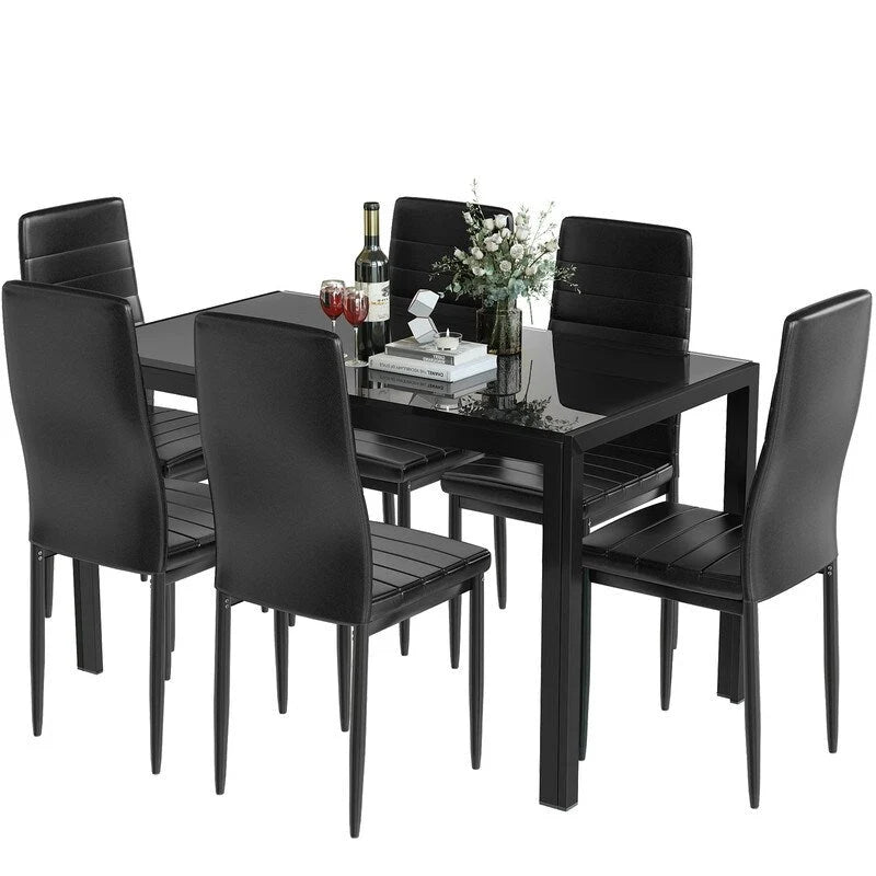 Grondin moderne 7-delige eettafelset met tafelblad van gehard glas en 6 met PU-leer beklede stoelen