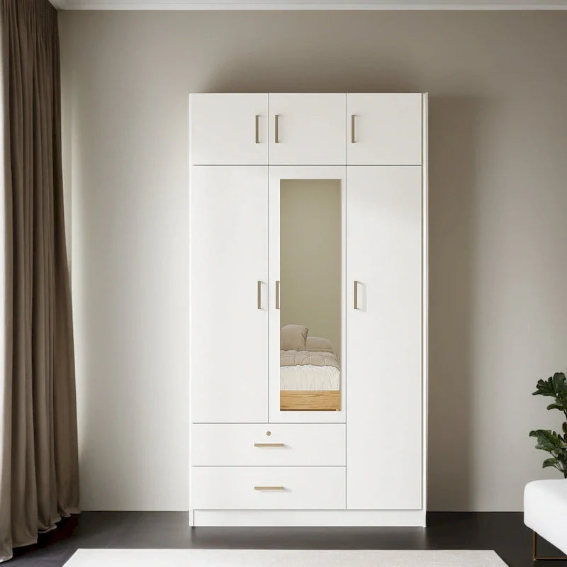 Armoire à 3 portes avec miroir, 2 tiroirs et placard supérieur