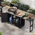 Buiteneiland voor de keuken met inklapbare zijtafel, buitenkeukenwagen met roestvrijstalen blad, verborgen afvalbak voor gazon en tuin