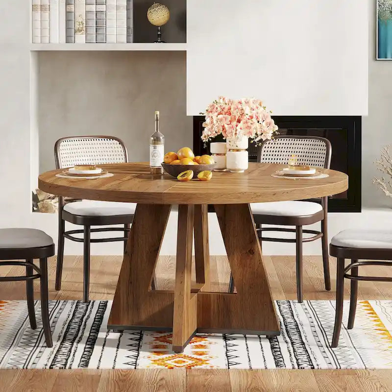 47 Inch Round Dining Table for 4, Wood Farmhouse Dinner Dinning Table for Kitchen Dining Living Room