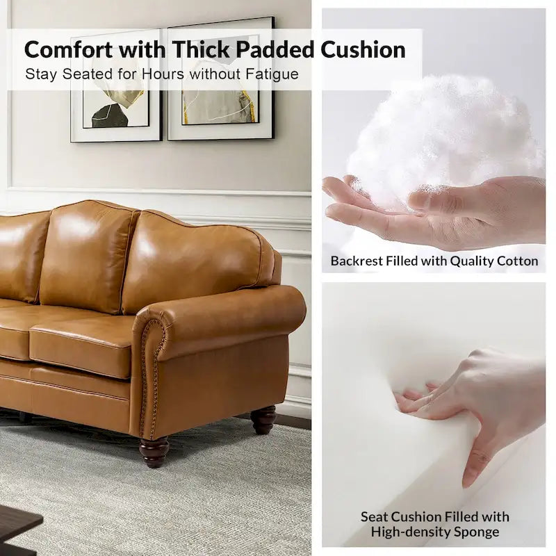 Balvino Sofa mit 81 cm Breite, im Übergangsstil, aus echtem Leder, mit gerollten Armlehnen, Nagelkopfbesatz und abnehmbaren Kissen