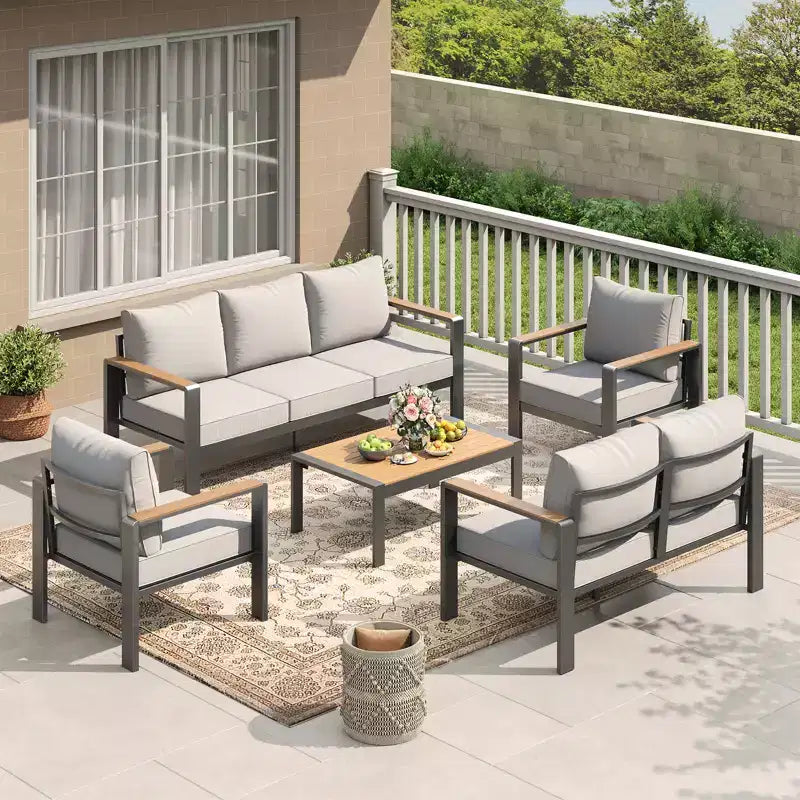 Ensemble de mobilier de patio en aluminium, canapé d’angle d’extérieur avec 5 coussins épais, 4 accoudoirs et table basse pour le jardin, la terrasse ou la cour