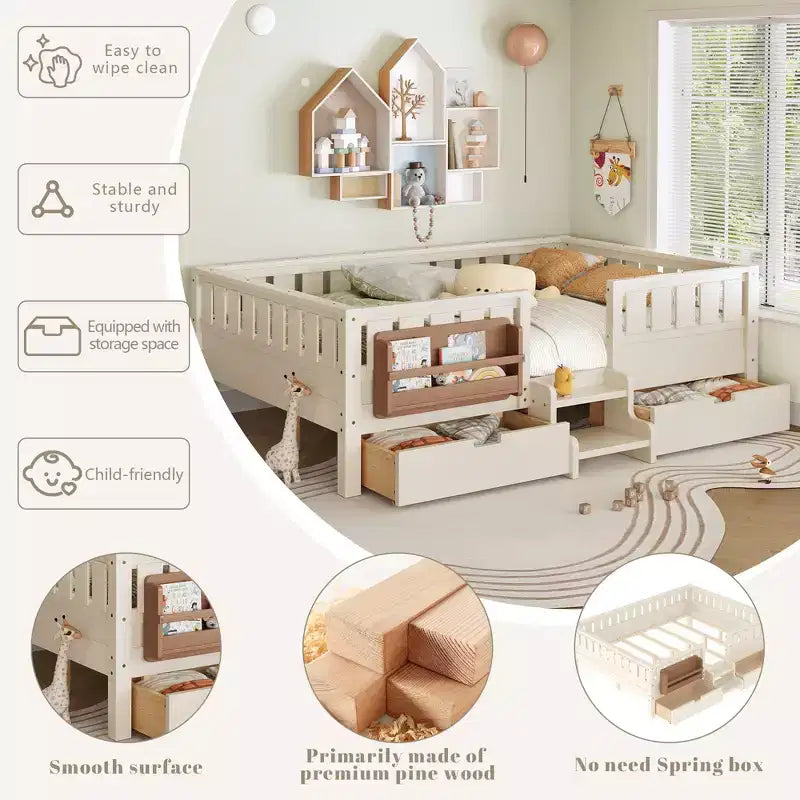 Bellemave Kinderbett in Queen-Size mit 14 Sicherheitsgittern, platzsparender Bettrahmen mit integrierten Bücherregalen und 2 Schubladen unter dem Bett