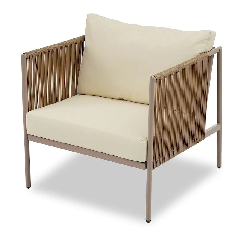 Ensemble de patio extérieur en corde, 4 pièces pour 4 personnes, avec coussins et table en verre