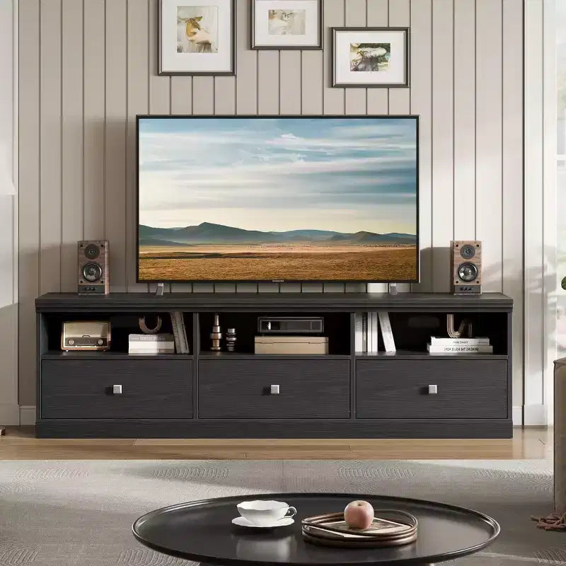 Mobile porta TV in stile modernista di metà secolo da 70 con cassetto contenitore e ripiani aperti