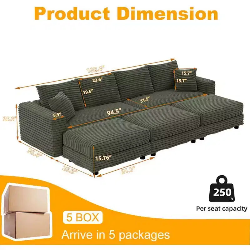Canapé convertible 4 places en velours côtelé moelleux de 102.4 avec poufs - Vert