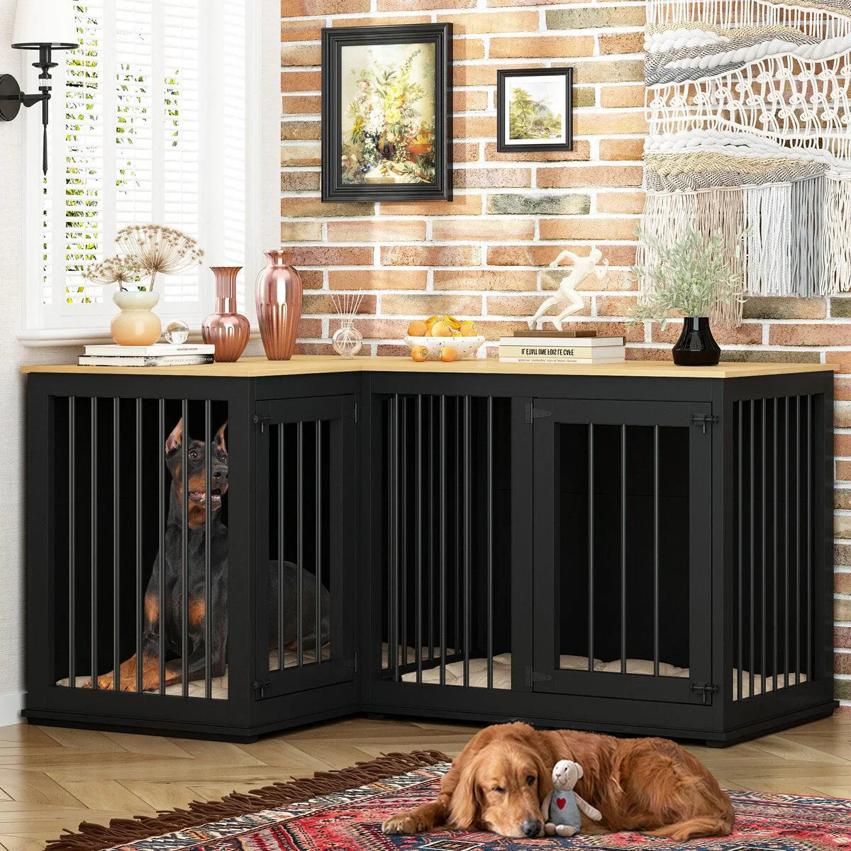 Große Eck-Hundebox als Möbelstück für 2 Hunde, Hundekäfig in L-Form - 58.7X41.1