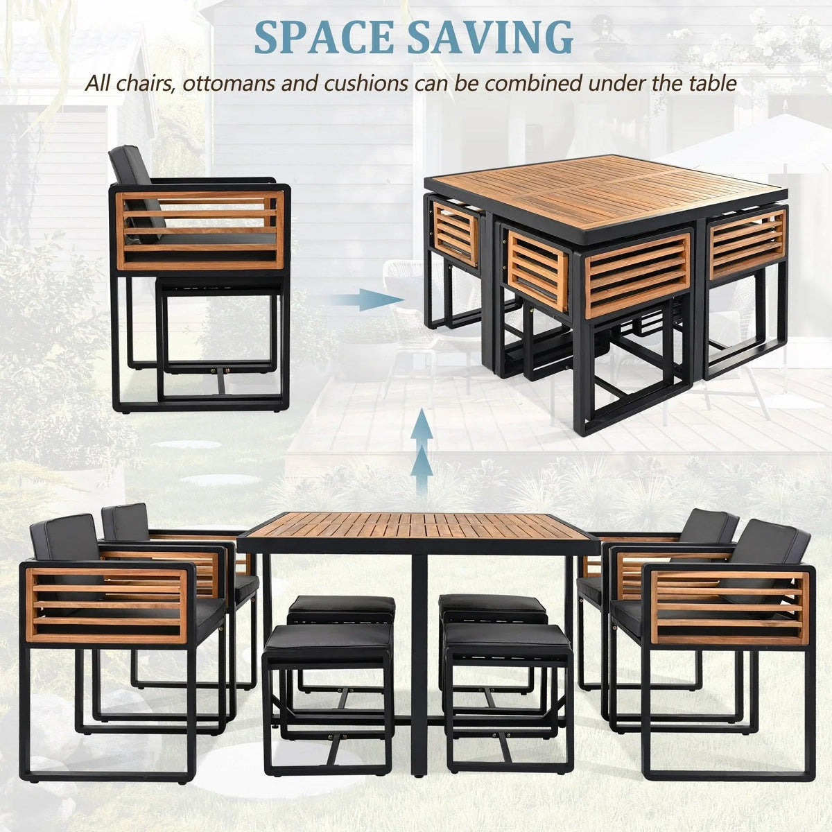 Ensemble repas de patio de 18 pièces en bois d’acacia, 8 chaises rembourrées, 8 poufs et 2 tables carrées