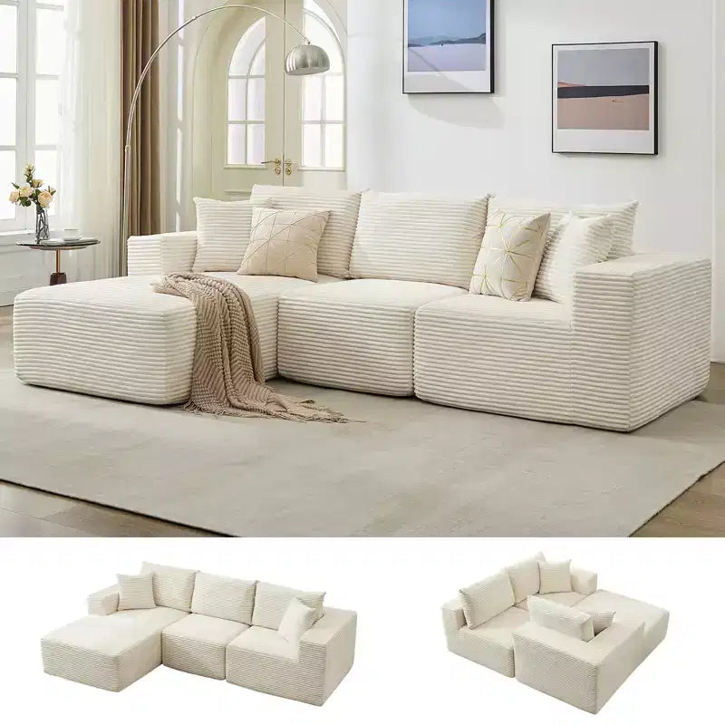 108 Modernes 3-Sitzer-Sofa, gepolstertes Sofa in L-Form mit Kissen, Sofa mit tiefer Sitzfläche, keine Montage erforderlich