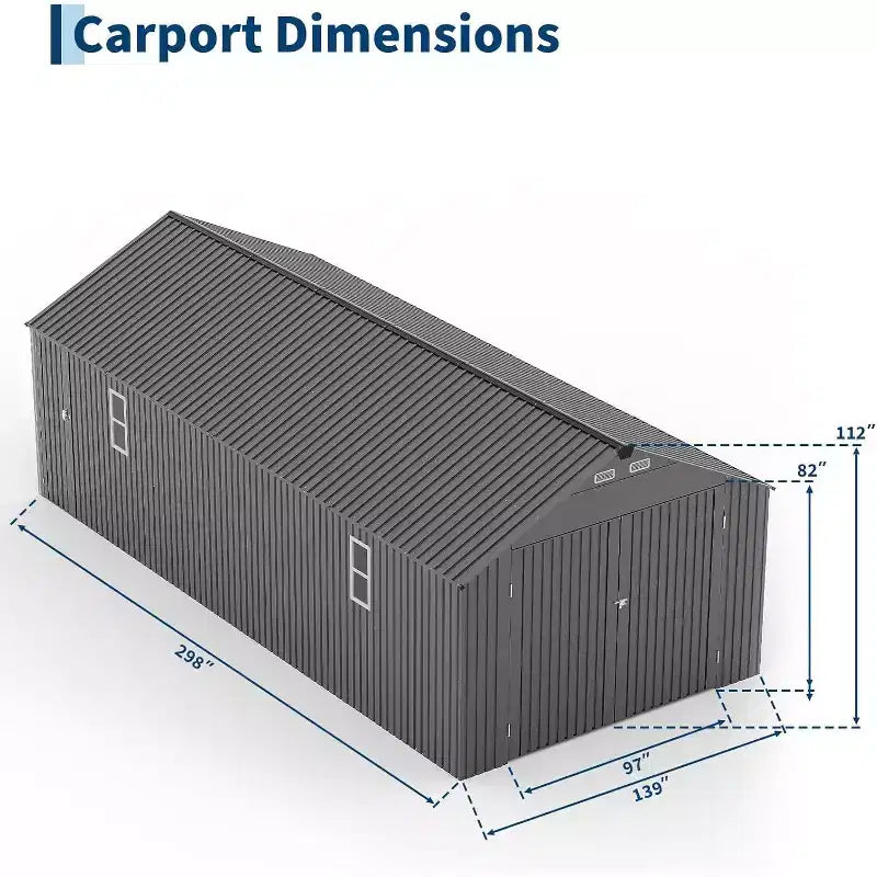 12x25FT volledig gesloten metalen carport met verticaal dak en stalen frame