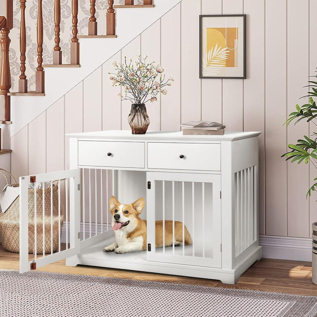 Cuccia per cani BOSSIN da 44 pollici, mobile in legno con tavolino laterale e cassetti contenitori, cuccia decorativa per animali domestici