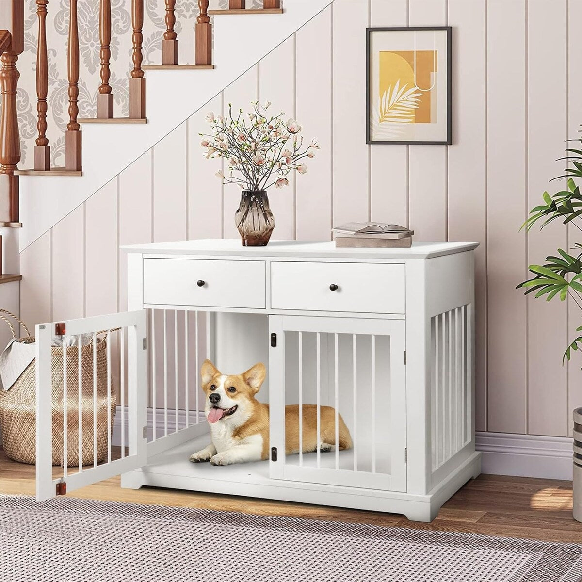 Cuccia per cani BOSSIN da 44 pollici, mobile in legno con tavolino laterale e cassetti contenitori, cuccia decorativa per animali domestici