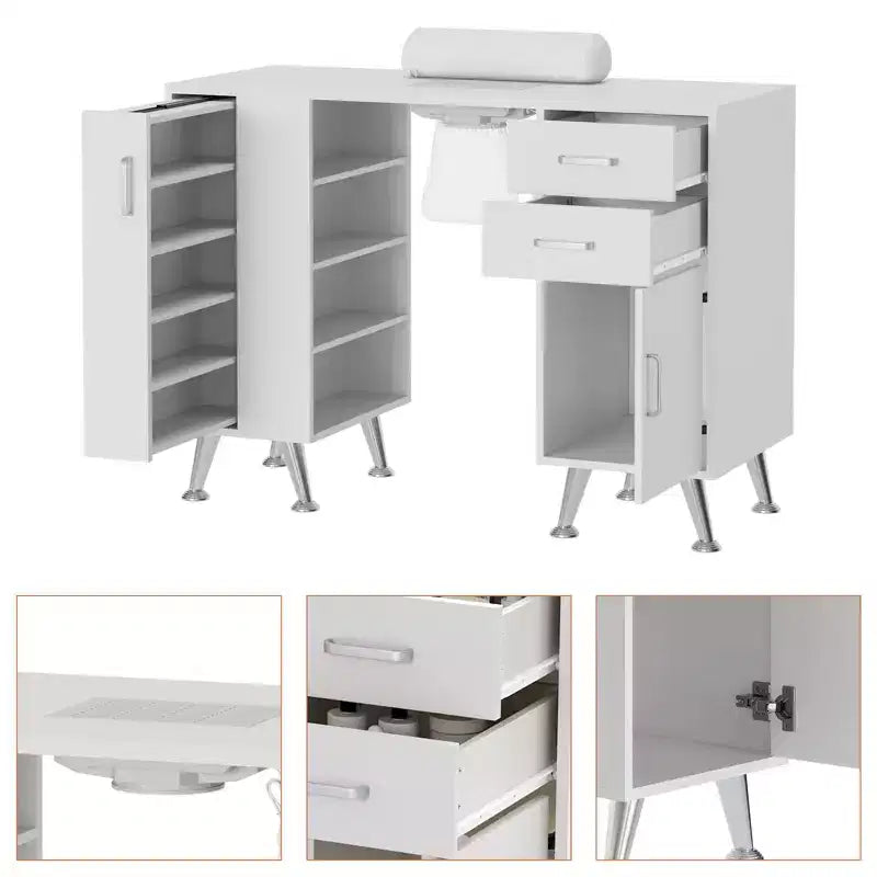 Table de manucure GustoWave de 42.5 in avec repose-poignets et aspirateur à poussière, bureau à ongles avec casier vertical coulissant, blanc