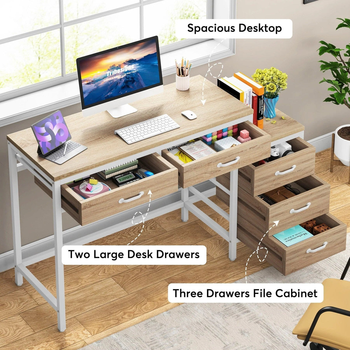 Wendbarer Computerschreibtisch mit 5 Schubladen, Schreibtisch fürs Homeoffice mit Aktenschublade und Druckerständer