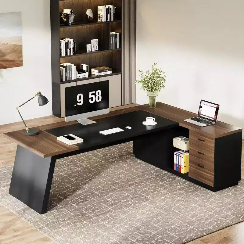 Moderner Lantine-Chefschreibtisch in L-Form, 78 L, mit Schubladen und seitlichem Aktenschrank