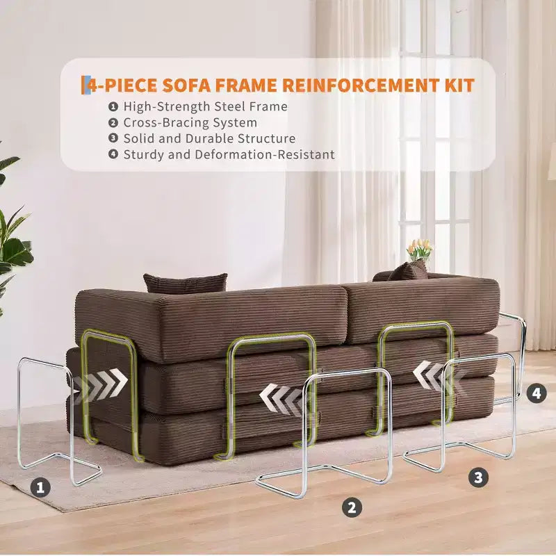 Modernes 79-Futon-Schlafsofa aus Cord für kleine Räume, 5-in-1-Couch mit abnehmbaren Armlehnen und Kissen