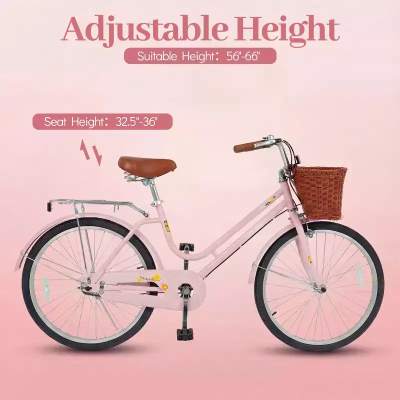 Gymax 24-inch cruiserfiets voor op het strand met verstelbaar zadel, gevlochten mand en bagagedrager voor in de stad