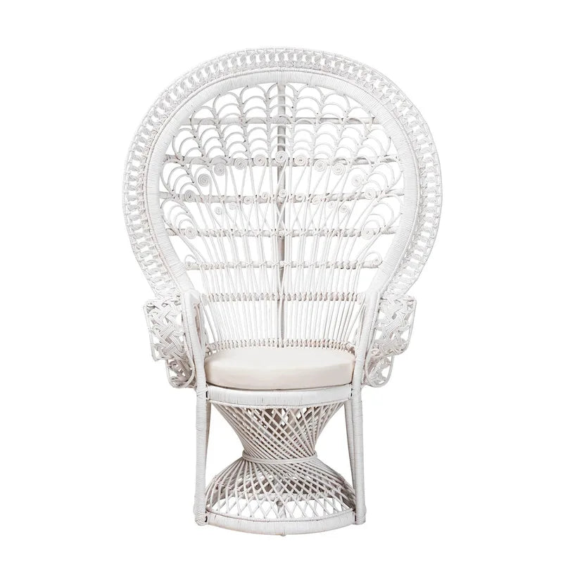 Poltrona pavone Kallima moderna in stile bohémien, bianca e in rattan naturale