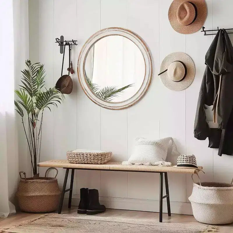 MAYEERTY Runder Wandspiegel aus Holz im Landhausstil, 24 inches, für Badezimmer, Schminktisch, Schlafzimmer, Wohnzimmer, Küche und Büro