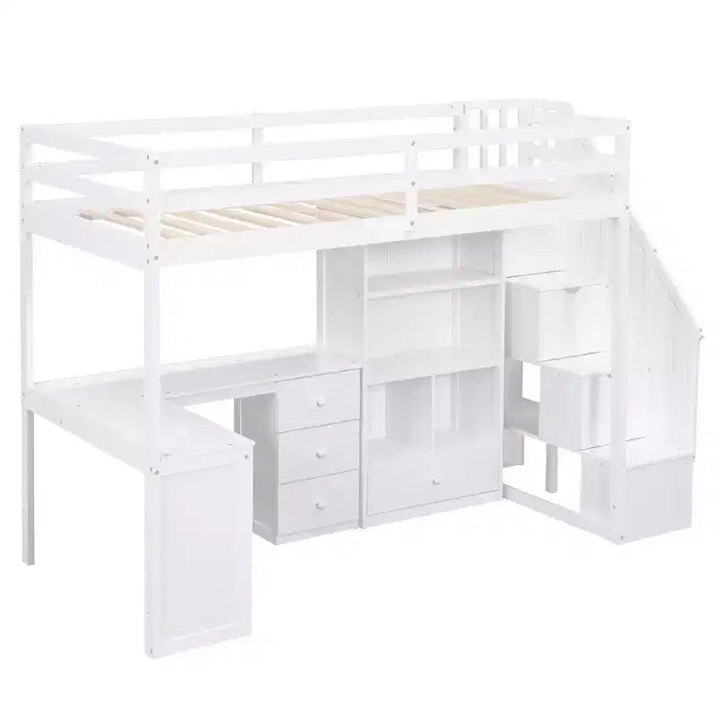 Lit mezzanine simple avec bureau en L, 3 tiroirs, armoire, rangement sous l’escalier, structure en pin massif/MDF