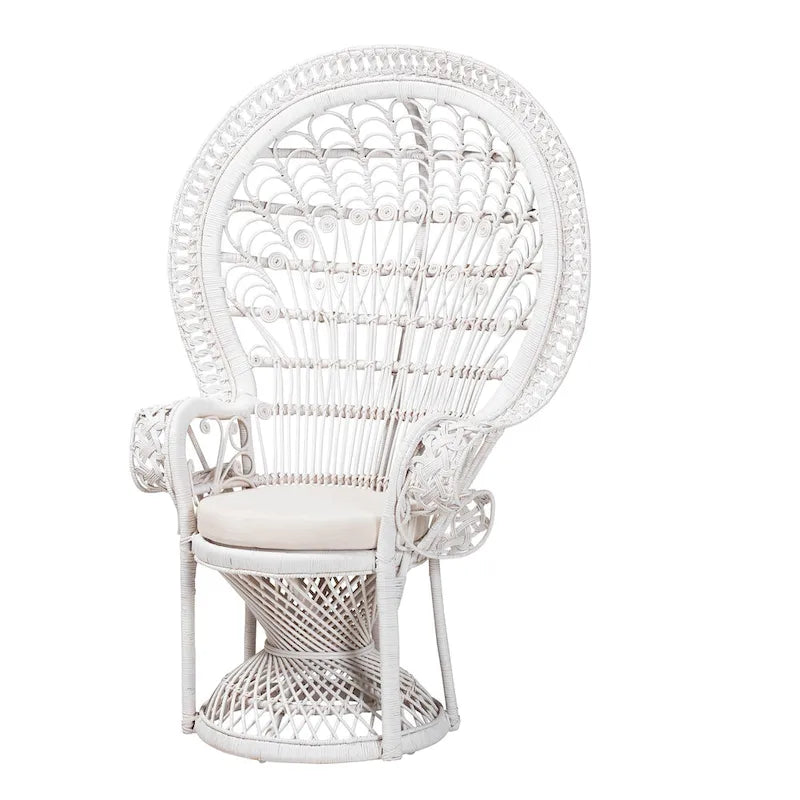 Poltrona pavone Kallima moderna in stile bohémien, bianca e in rattan naturale