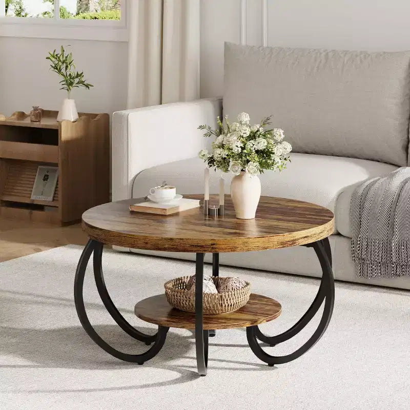 Tavolino rotondo industriale da 30 Inch a 2 livelli con piedini regolabili, ripiano effetto legno, design a fiamma, facile da montare, per soggiorno