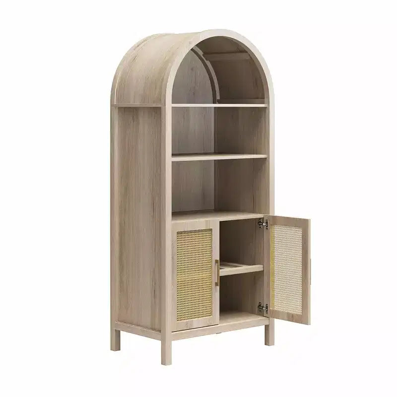 Vitrine bohème à portes cintrées avec 2 portes en faux rotin, 5 étagères réglables pour salon ou cuisine, beige