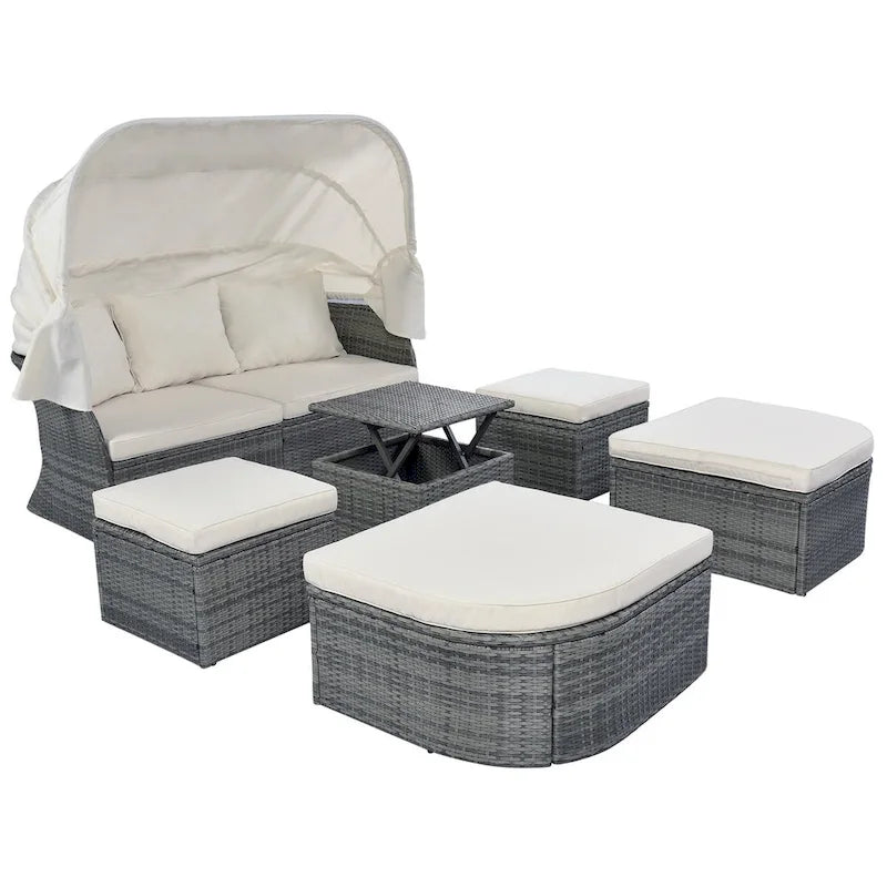 Graues Outdoor-Daybed aus Rattan mit Kissen und ausziehbarem Sonnendach