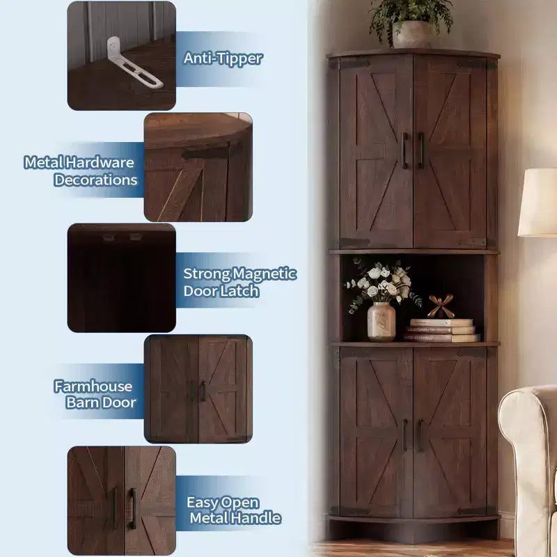 Armoire d’angle haute de 64.8 avec portes, armoire de rangement d’angle marron de style campagnard, garde-manger d’angle autoportant avec étagères réglables