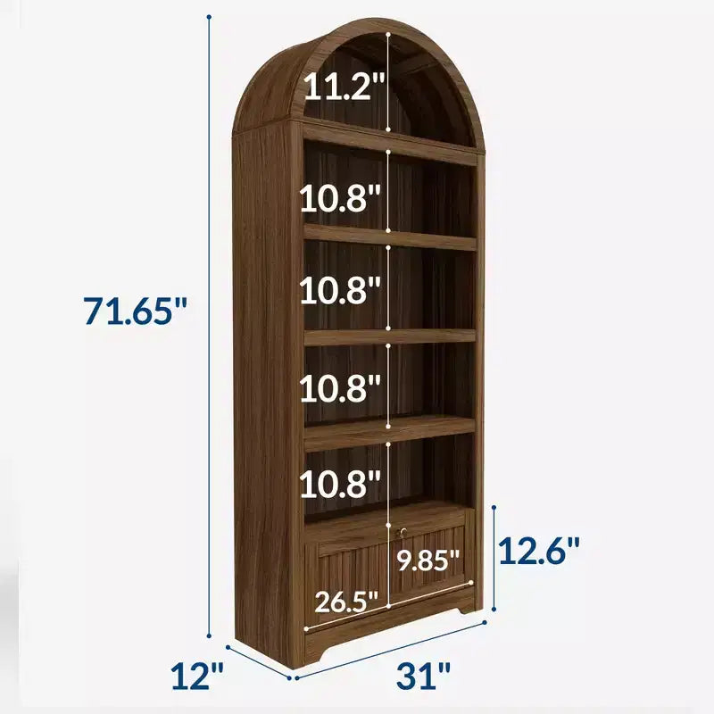 72 Zoll hohes, bogenförmiges Bücherregal mit Schublade, moderner 6-stufiger Holzschrank mit offenen Ablagen und unterer Schublade, geschwungene Schranktür