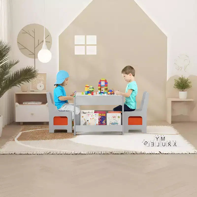 Activiteitentafelset 4-in-1 met afneembaar tafelblad, tafelset met laden en boekenkast, multifunctioneel peutermeubilair om te tekenen en lezen