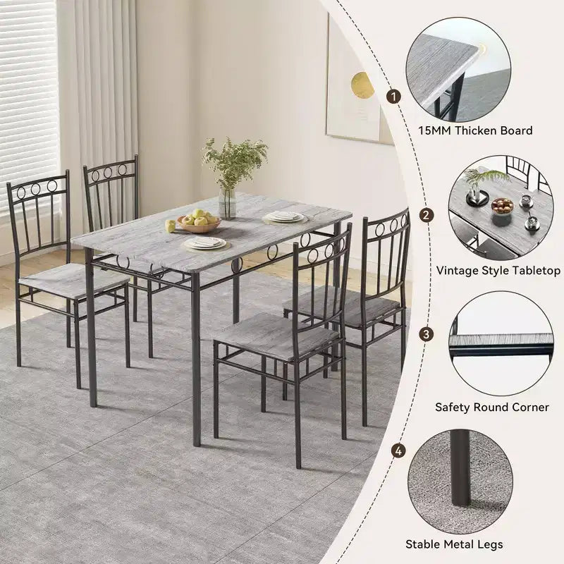 Dyonery rechthoekige eettafelset voor 4 personen, 5-delige keukentafelset met 4 stoelen, eettafelset, ruimtebesparende keukentafelset voor kleine ruimtes