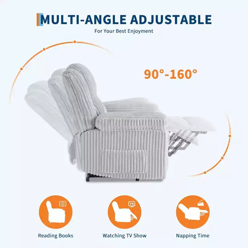 Fauteuil inclinable en velours côtelé, canapé inclinable manuel avec poignée, accoudoirs à plateau rembourré, rembourrage épais, poche latérale, salon, chambre, salle de cinéma maison, gris foncé