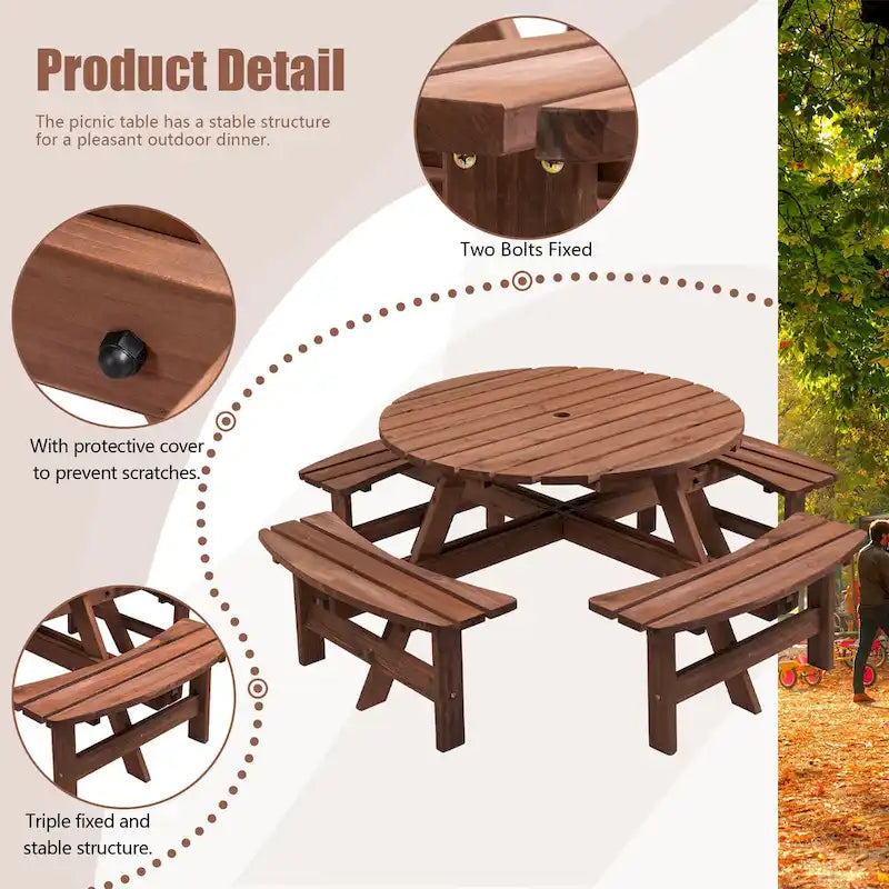 Ensemble de pique-nique rond en bois de sapin pour terrasse extérieure, pour 8 personnes, avec 4 bancs intégrés et un trou pour parasol