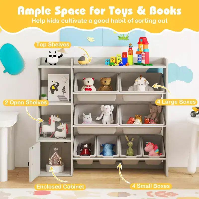 Costway Spielzeugaufbewahrung und Bücherregal für Kinder, Bücherregal aus Holz mit 4 kleinen und 4 großen Boxen, Grau/Weiß