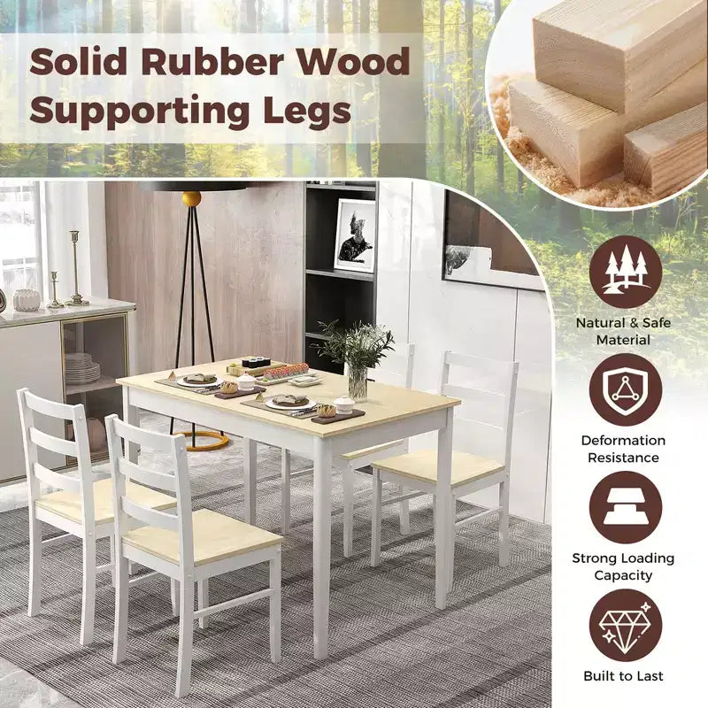 Costway 5-delige eetkamerset van massief hout, keukenmeubels met rechthoekige tafel en 4 stoelen, naturel/koffiekleur/grijs