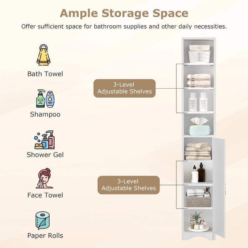 Armoire à linge étroite VECELO de 70.9 pouces de haut pour salle de bains, meuble de rangement autoportant en bois massif à 8 niveaux