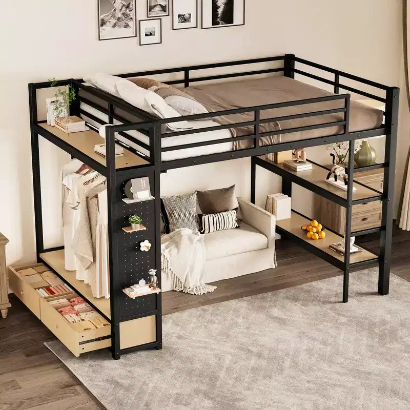 Metall-Hochbett für Full-/Queen-Size-Matratzen, Komplettset mit Kleiderschrank, Ablagefächern und Lochwand, Schwarz - ModernLuxe
