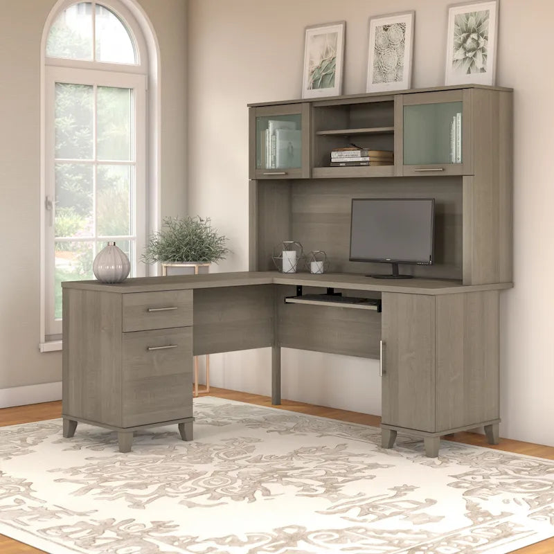 Bureau Bush Furniture Somerset 60W en forme de L avec meuble de rangement supérieur