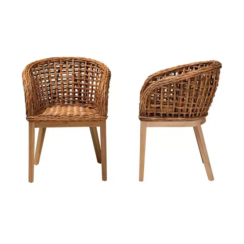 Ensemble de 2 chaises de salle à manger Mario de Bali & Pari, en teck brun naturel et rotin, style bohème moderne