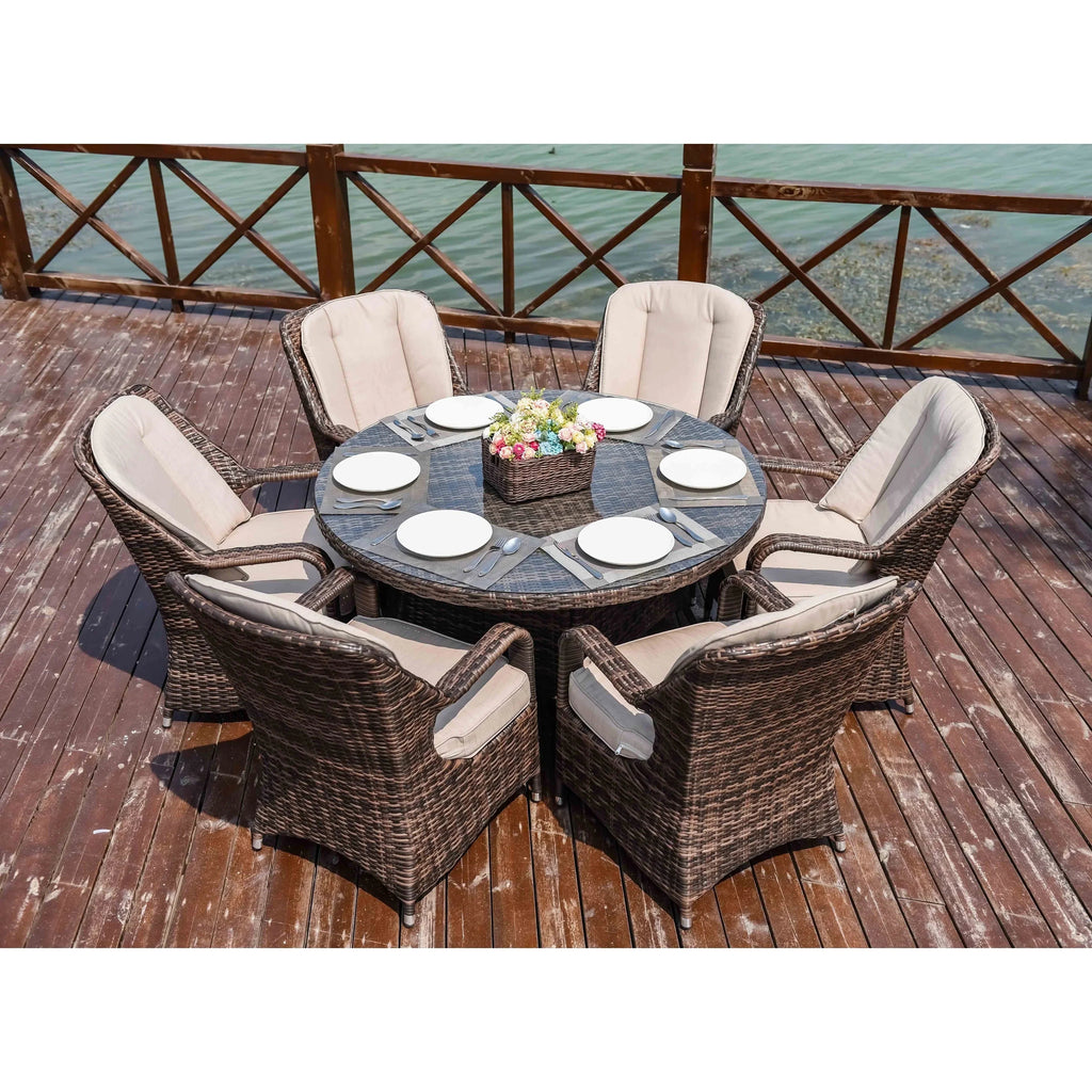 Ensemble de salle à manger rond de patio en rotin tressé d’extérieur, 7 pièces avec coussins, par Moda Furnishings