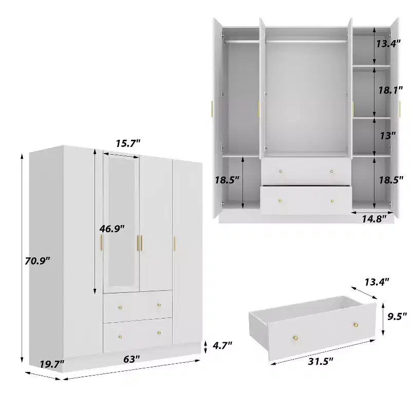 Hitow Kleiderschrank mit 2 großen Schubladen, mittigem Hängbereich und Spiegel, minimalistischer Stil