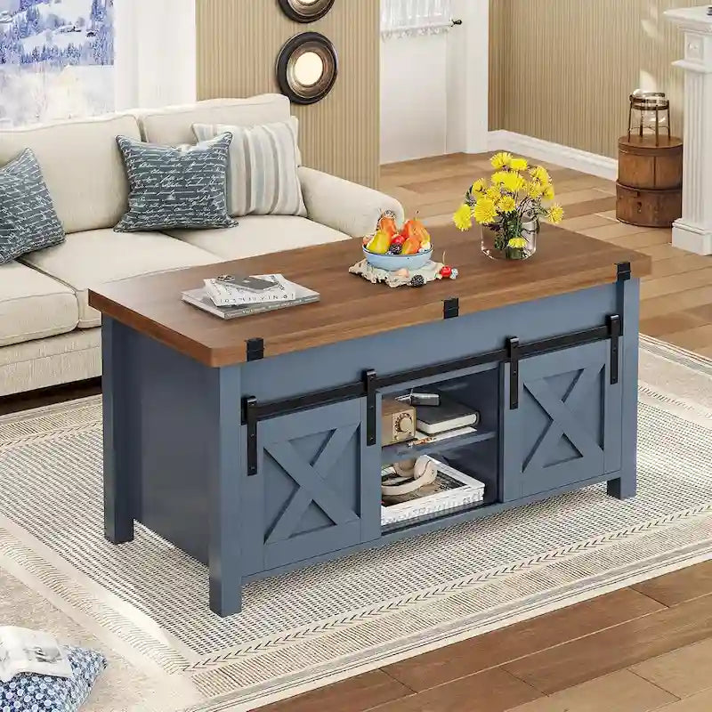 Table basse relevable avec 2 portes coulissantes de style grange, rangement et table à manger