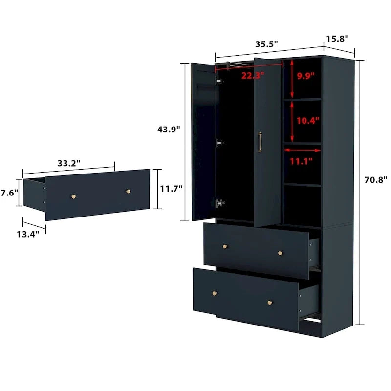 Kleiderschrank mit Spiegel und verstellbarem Kleiderstangenbereich, platzsparend