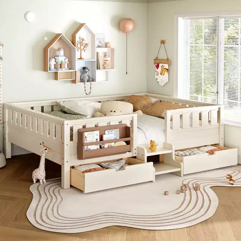 Bellemave Kinderbett in Queen-Size mit 14 Sicherheitsgittern, platzsparender Bettrahmen mit integrierten Bücherregalen und 2 Schubladen unter dem Bett