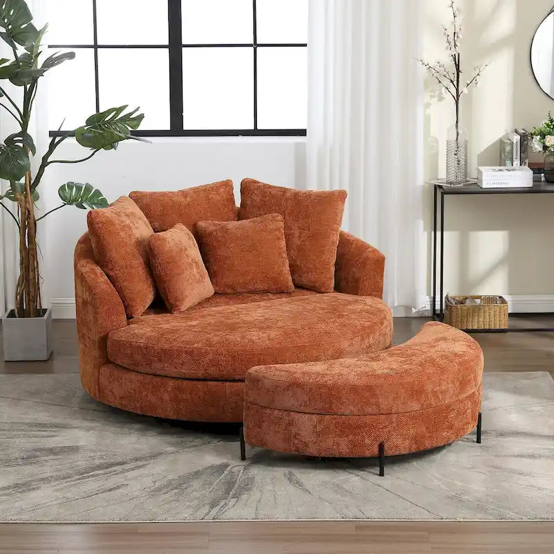 Fauteuil canapé moderne rond de style tonneau avec 5 coussins et pouf en option