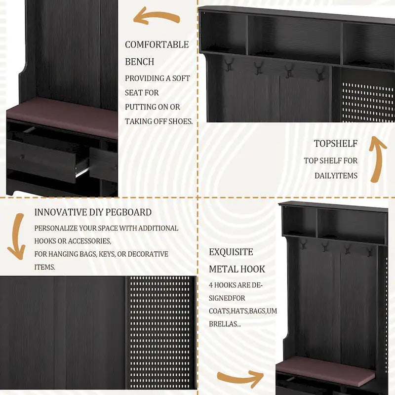 GDFStudio - Appendiabiti multifunzione Finn con panca portascarpe, pannello forato e ampio spazio contenitivo