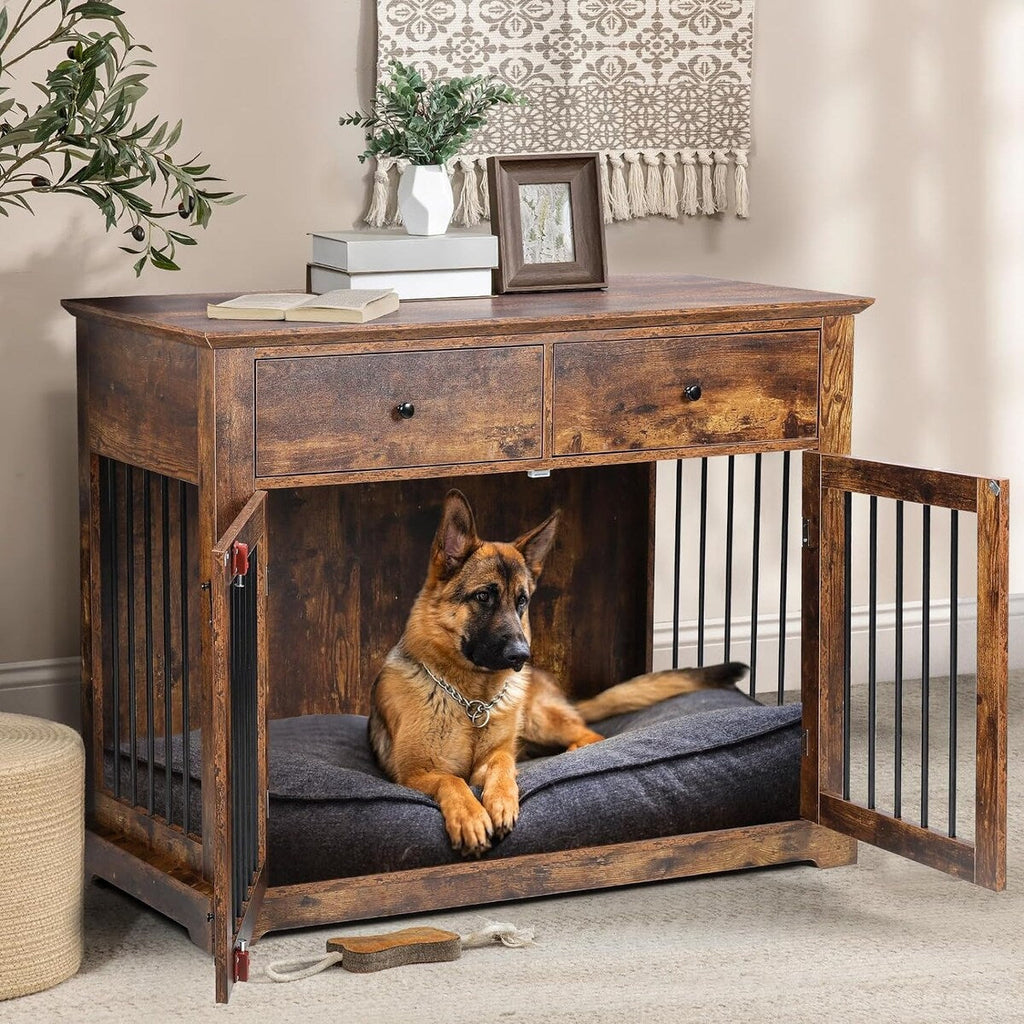 Cuccia per cani BOSSIN da 44 pollici, mobile in legno con tavolino laterale e cassetti contenitori, cuccia decorativa per animali domestici