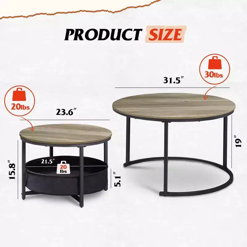 GALAXHERO set van 2 ronde nesttafels - salontafels van 31.5 met opbergruimte en metalen frame voor woonkamer/appartement